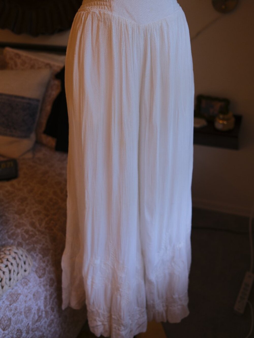 Free People Ivory Flowy Lace Trim Wide Leg Pants Boho Smocked Waist Size S